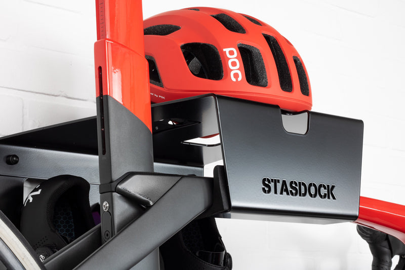black stasdock bike wall mount with bike helmet